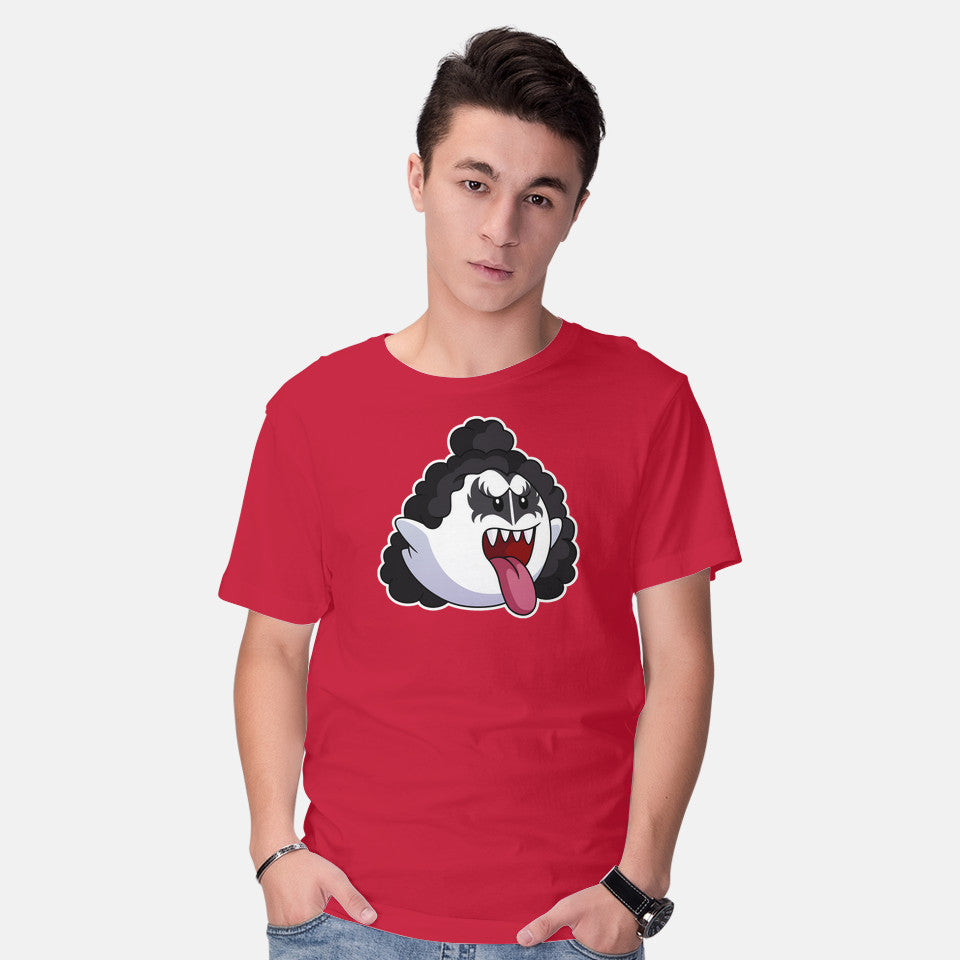 Model wearing red Kiss Boo – Music Graphic T-Shirt