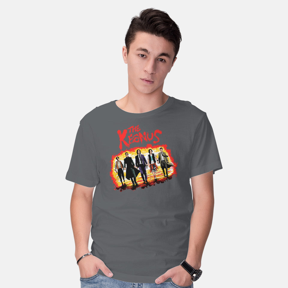 Model wearing charcoal The Keanus – Movie Graphic T-Shirt