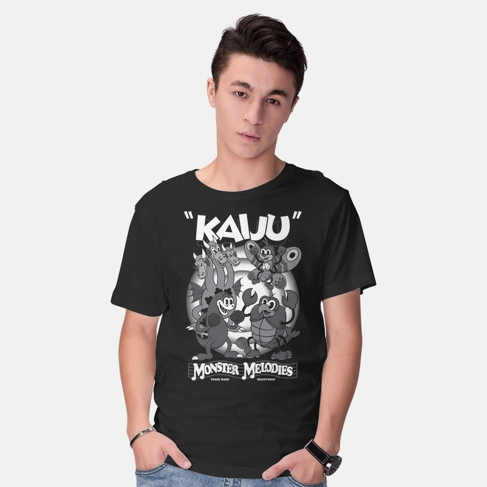 Model wearing black Monster Melodies – Movie Graphic T-Shirt