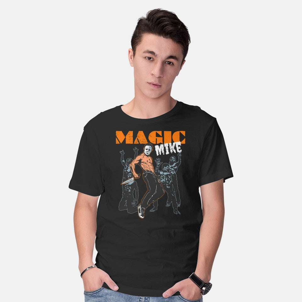 Model wearing black Magic Mike – Funny Graphic T-Shirt