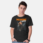 Model wearing black Magic Mike – Funny Graphic T-Shirt