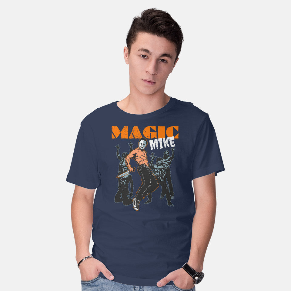 Model wearing navy Magic Mike – Funny Graphic T-Shirt