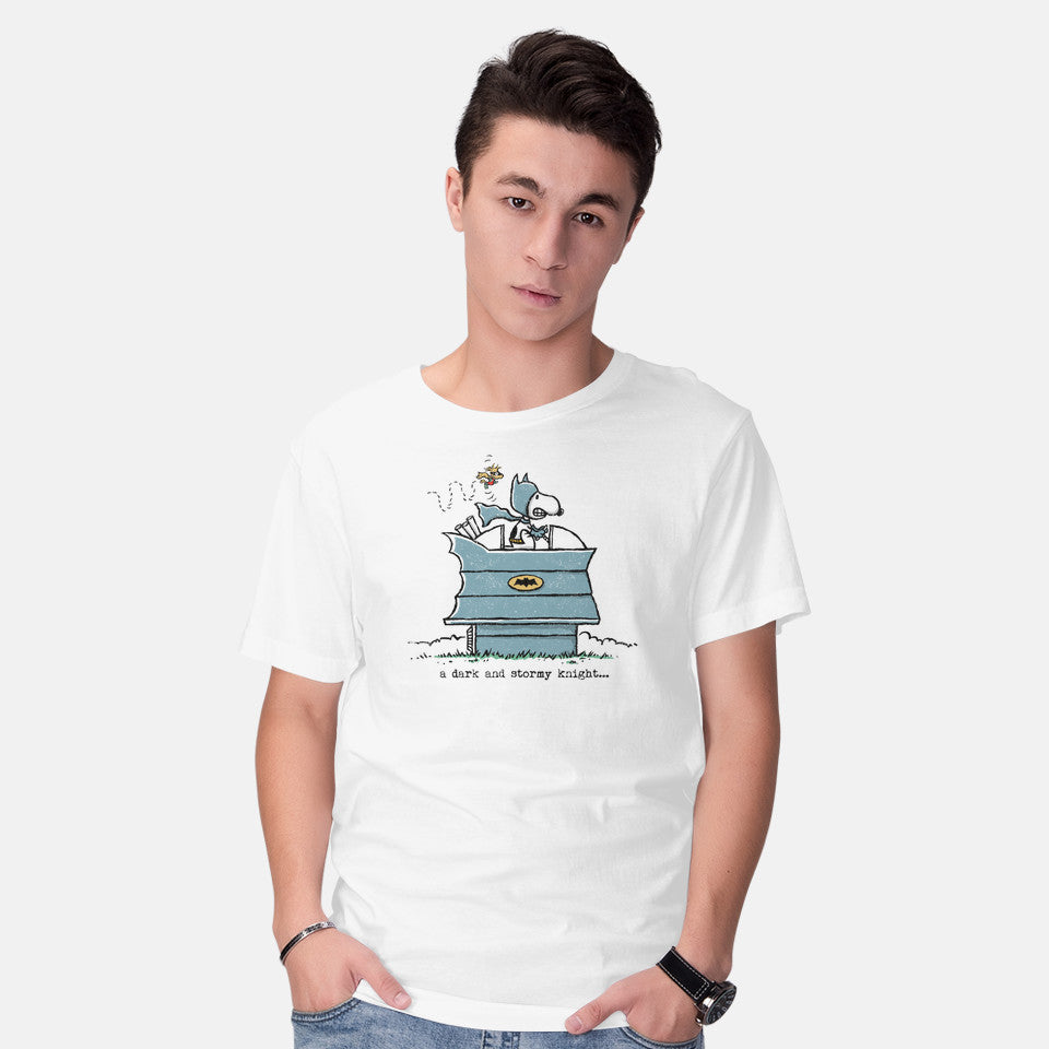 Model wearing white A Dark And Stormy Knight – Dog Graphic T-Shirt