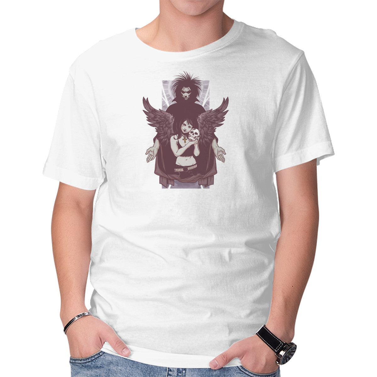 Death and Sandman – Horror Graphic T-Shirt in white, product display