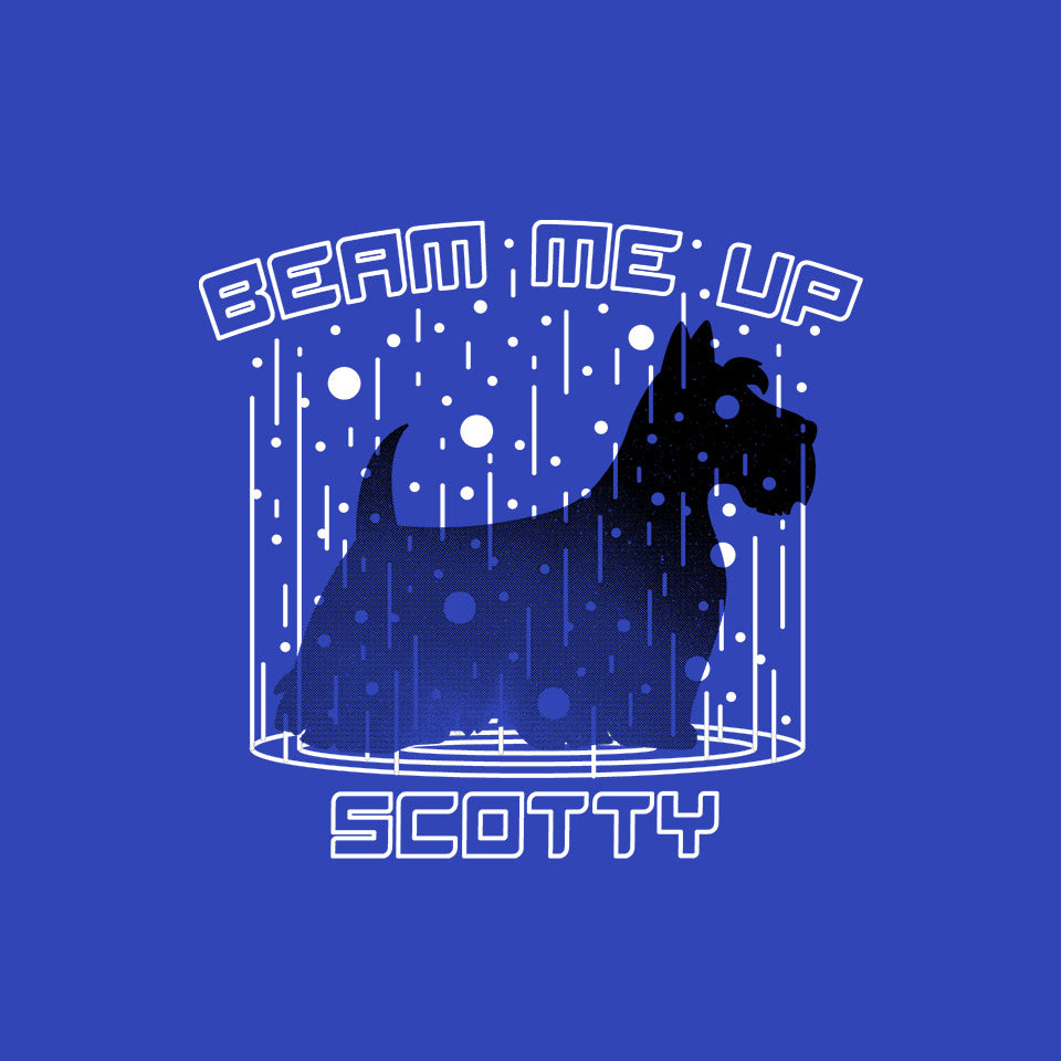 Beam Me Up – Dog Graphic T-Shirt design artwork for royal blue graphic T-shirt