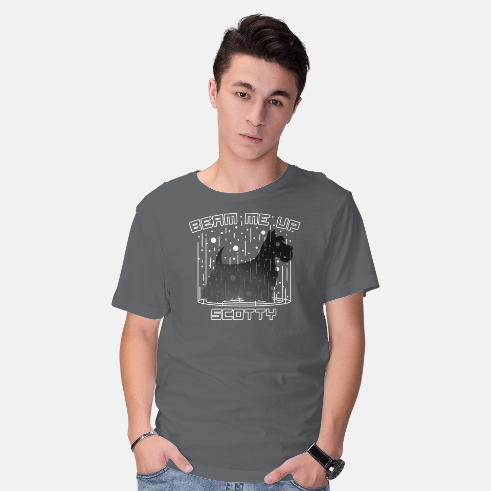 Model wearing charcoal Beam Me Up – Dog Graphic T-Shirt