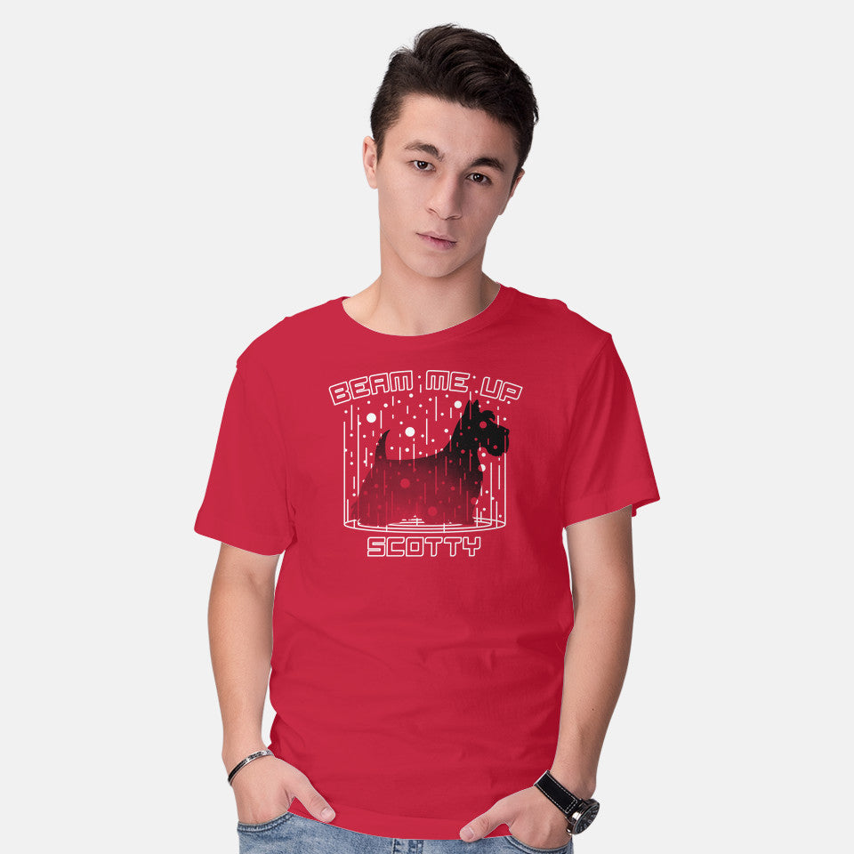 Model wearing red Beam Me Up – Dog Graphic T-Shirt