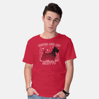 Model wearing red Beam Me Up – Dog Graphic T-Shirt
