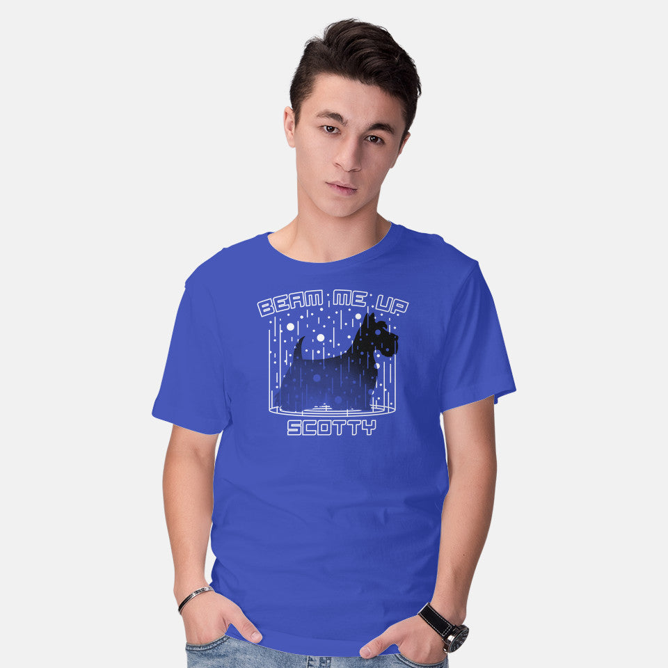 Model wearing royal blue Beam Me Up – Dog Graphic T-Shirt