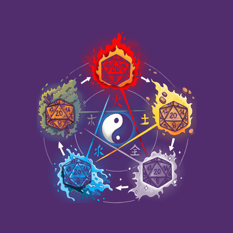 Dice Elements – Gaming Graphic T-Shirt design artwork for purple graphic T-shirt