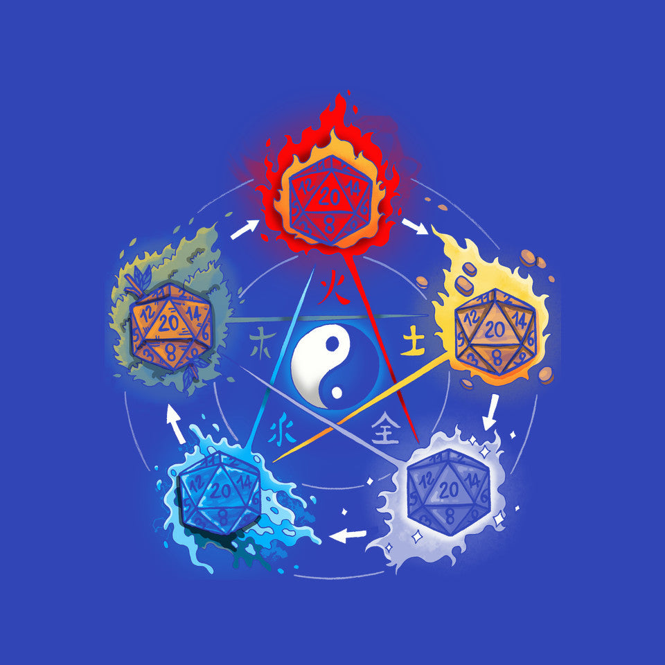 Dice Elements – Gaming Graphic T-Shirt design artwork for royal blue graphic T-shirt