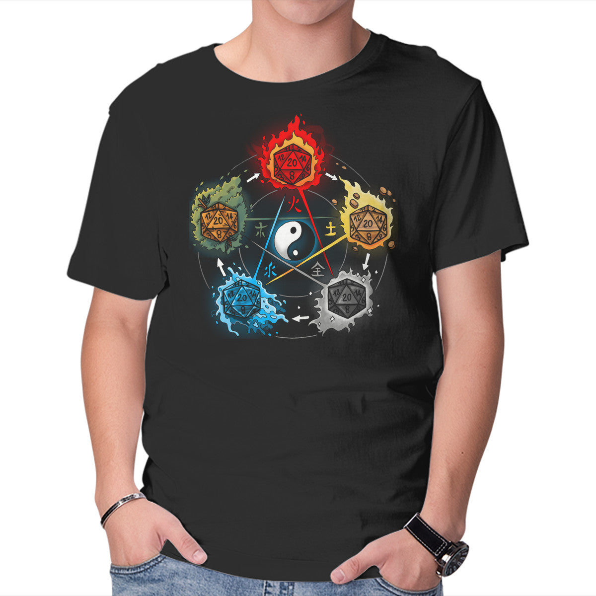 Dice Elements – Gaming Graphic T-Shirt in black, product display