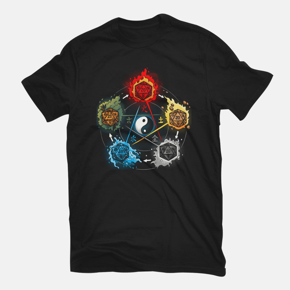 Dice Elements – Gaming Graphic T-Shirt in black, flat-lay product view