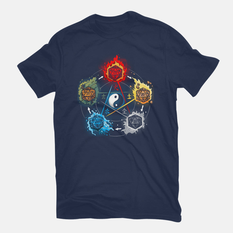 Dice Elements – Gaming Graphic T-Shirt in navy, flat-lay product view