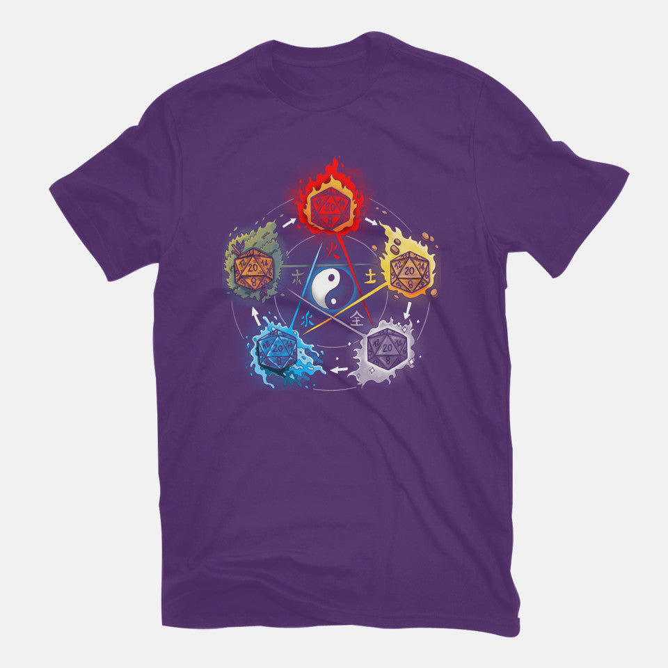 Dice Elements – Gaming Graphic T-Shirt in purple, flat-lay product view