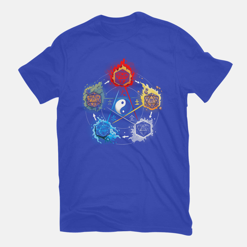 Dice Elements – Gaming Graphic T-Shirt in royal blue, flat-lay product view
