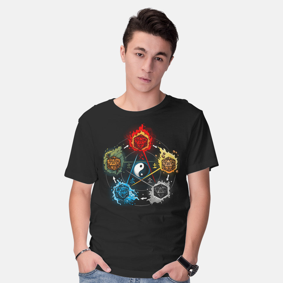 Model wearing black Dice Elements – Gaming Graphic T-Shirt