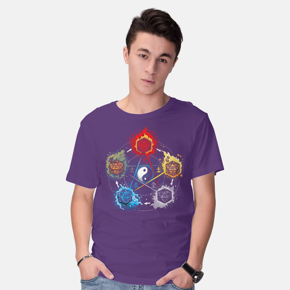 Model wearing purple Dice Elements – Gaming Graphic T-Shirt