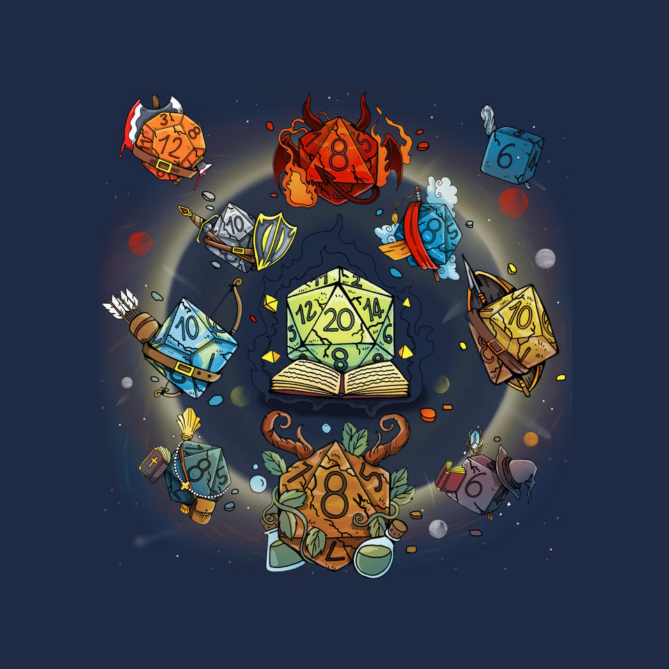 Black Hole Dice – Gaming Graphic T-Shirt design artwork for navy graphic T-shirt