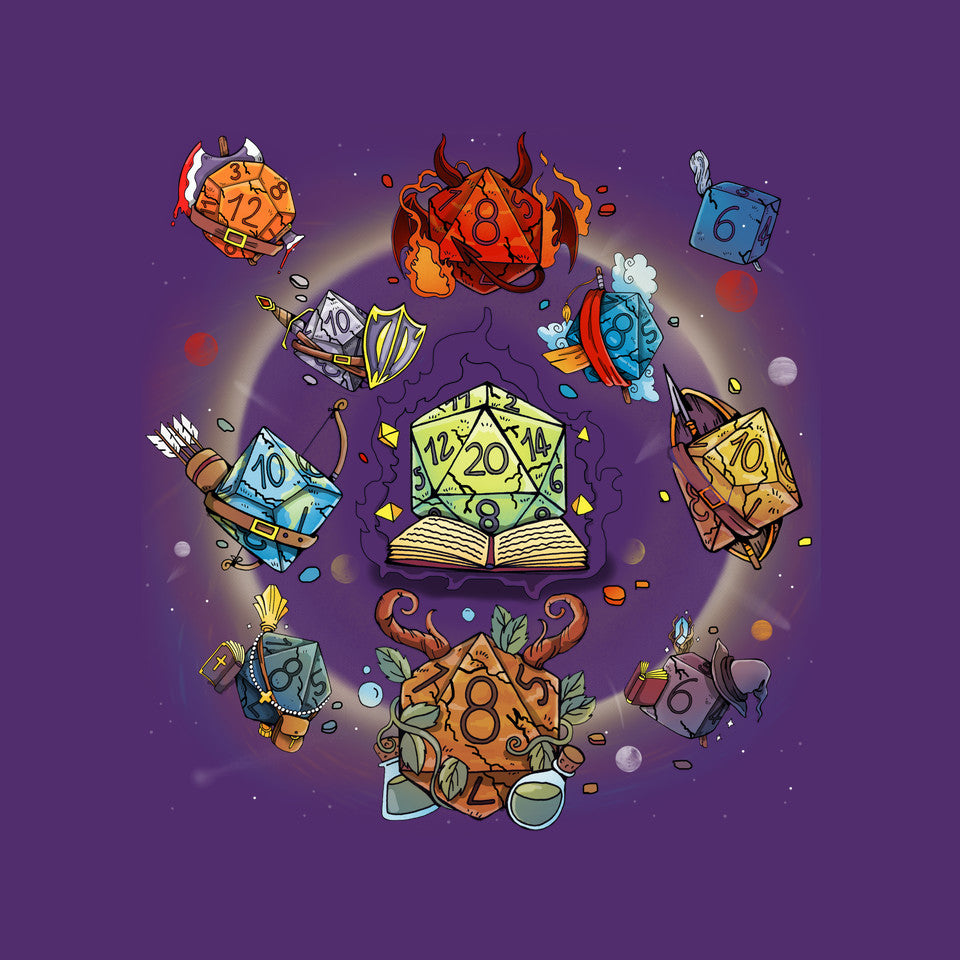 Black Hole Dice – Gaming Graphic T-Shirt design artwork for purple graphic T-shirt