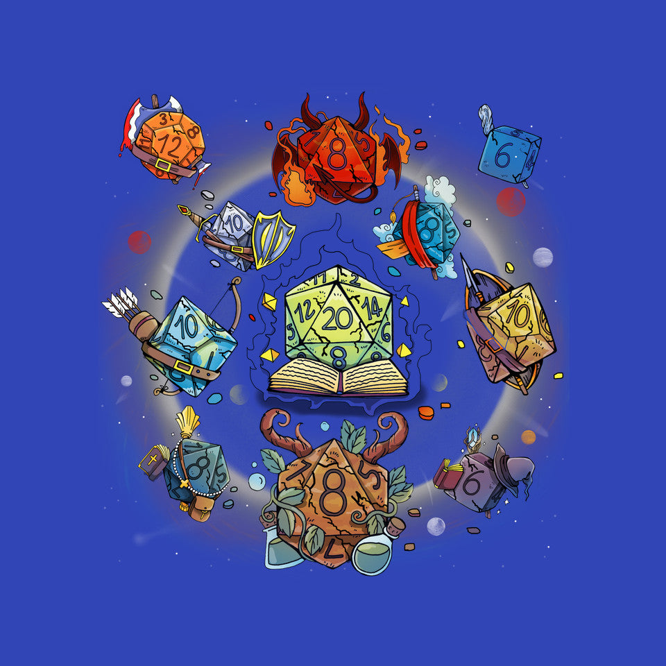 Black Hole Dice – Gaming Graphic T-Shirt design artwork for royal blue graphic T-shirt
