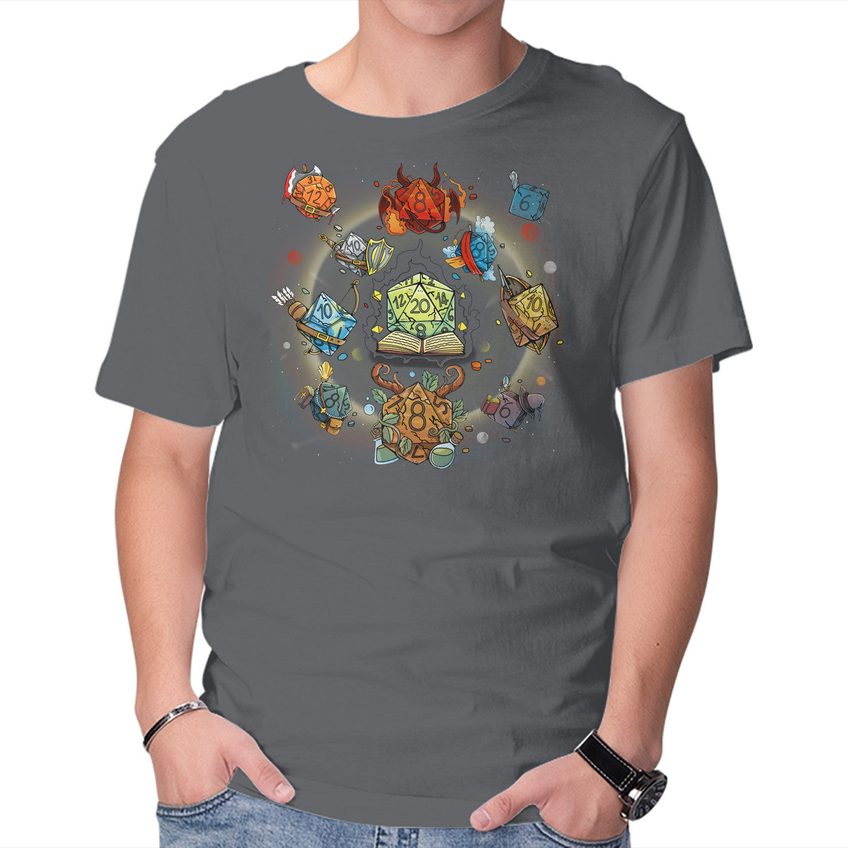Black Hole Dice – Gaming Graphic T-Shirt in charcoal, product display