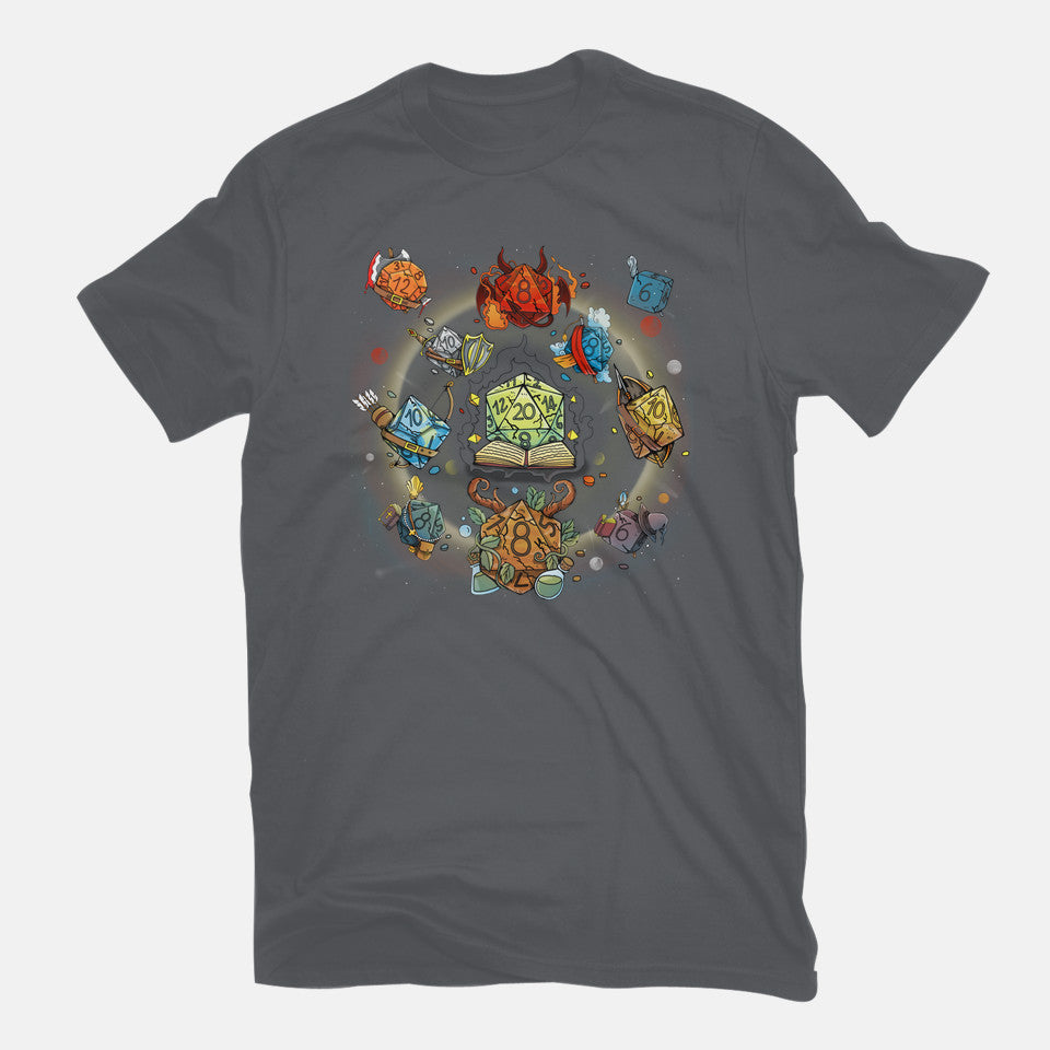 Black Hole Dice – Gaming Graphic T-Shirt in charcoal, flat-lay product view