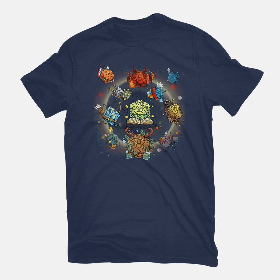 Black Hole Dice – Gaming Graphic T-Shirt in navy, flat-lay product view