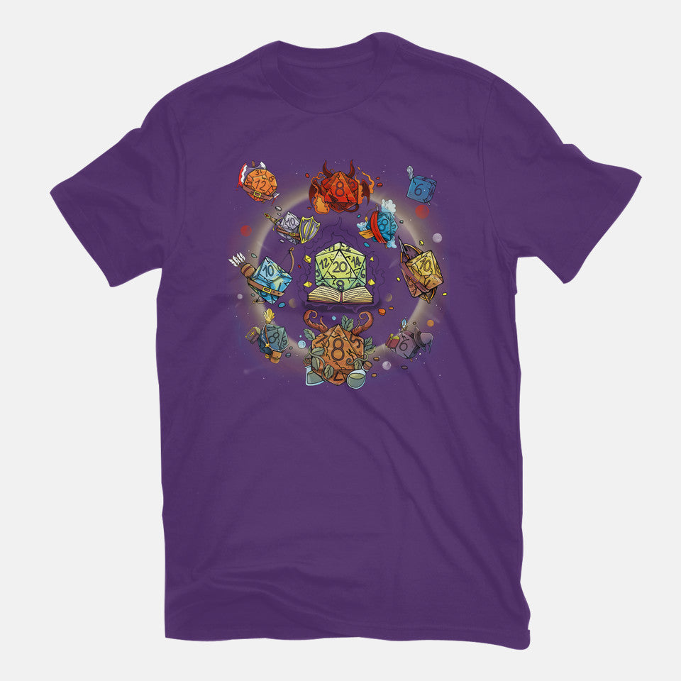 Black Hole Dice – Gaming Graphic T-Shirt in purple, flat-lay product view