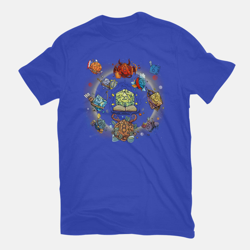 Black Hole Dice – Gaming Graphic T-Shirt in royal blue, flat-lay product view