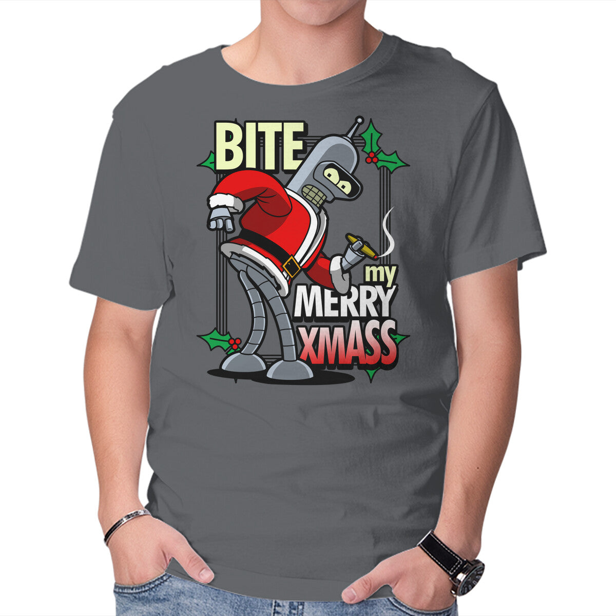 Bite my Merry XmASS – Sci-Fi Graphic T-Shirt in charcoal, product display