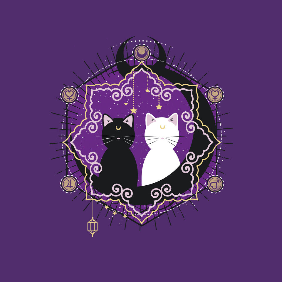 Crescent Moon Cats – Cat Graphic T-Shirt design artwork for purple graphic T-shirt