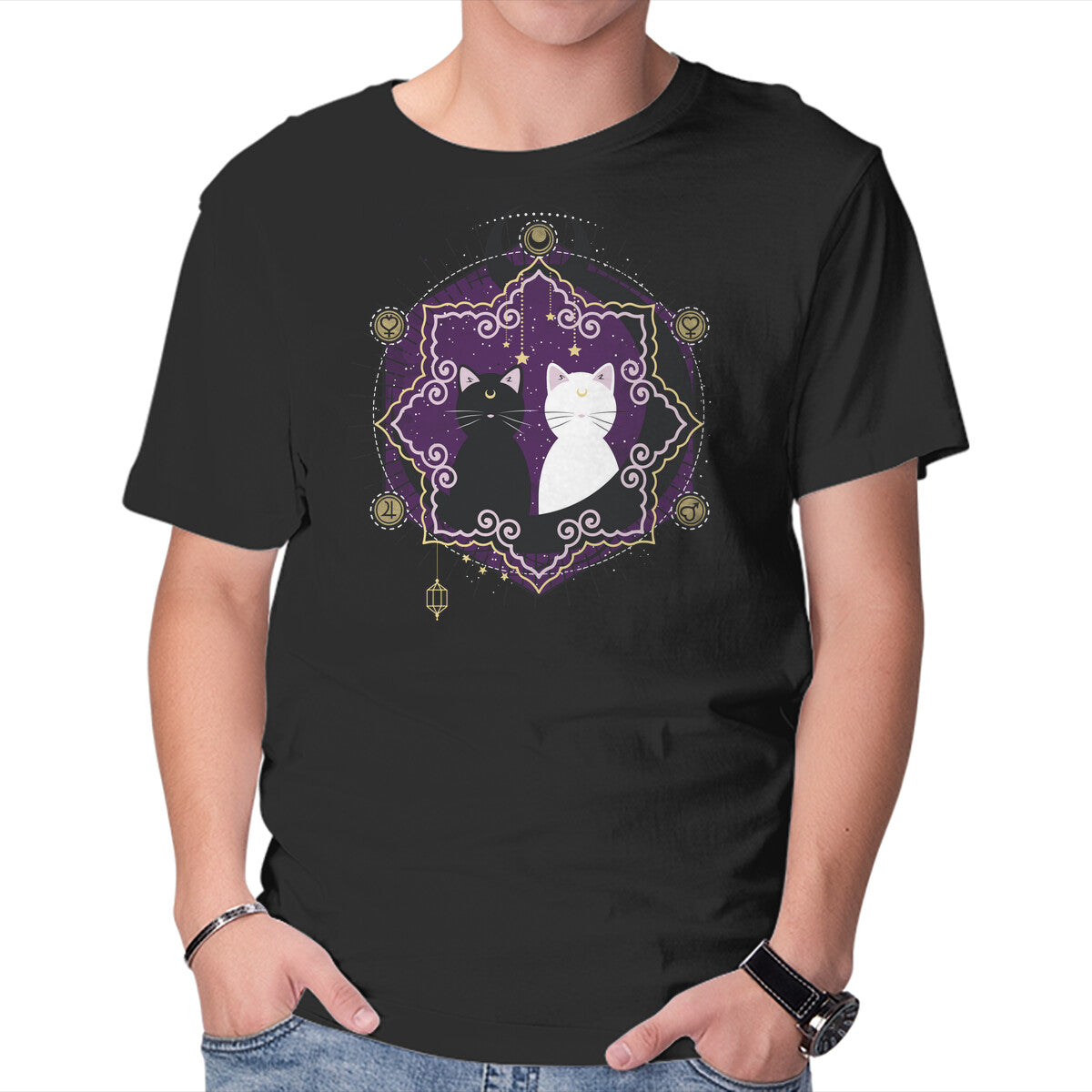 Crescent Moon Cats – Cat Graphic T-Shirt in black, product display