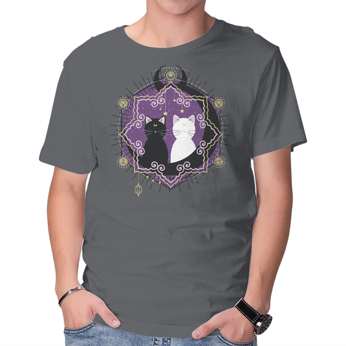 Crescent Moon Cats – Cat Graphic T-Shirt in charcoal, product display