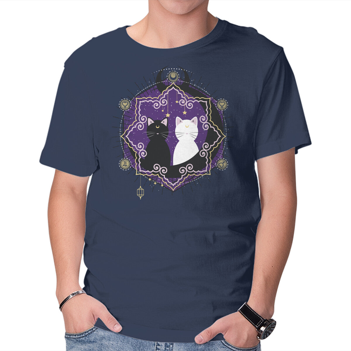 Crescent Moon Cats – Cat Graphic T-Shirt in navy, product display
