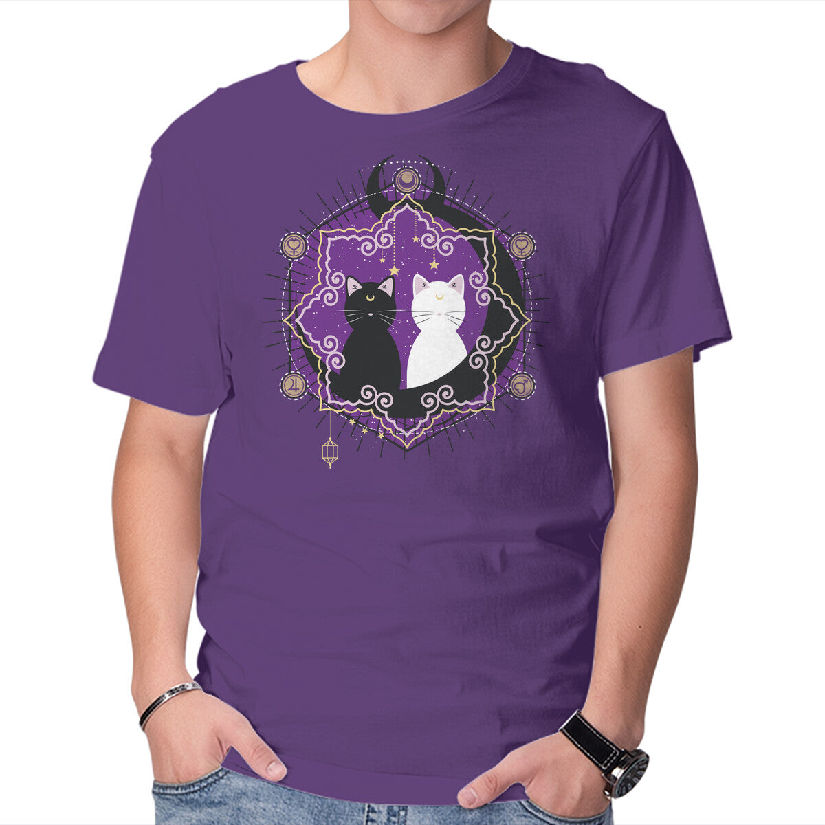 Crescent Moon Cats – Cat Graphic T-Shirt in purple, product display