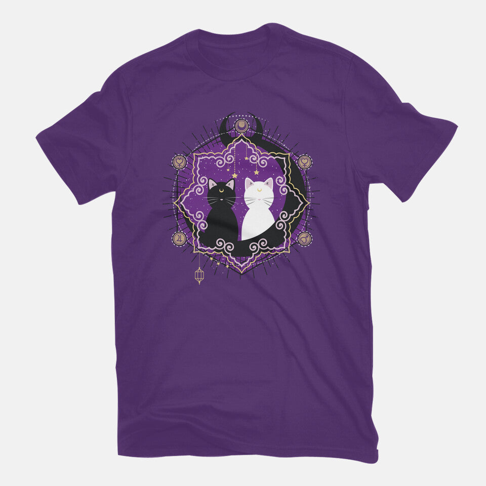 Crescent Moon Cats – Cat Graphic T-Shirt in purple, flat-lay product view