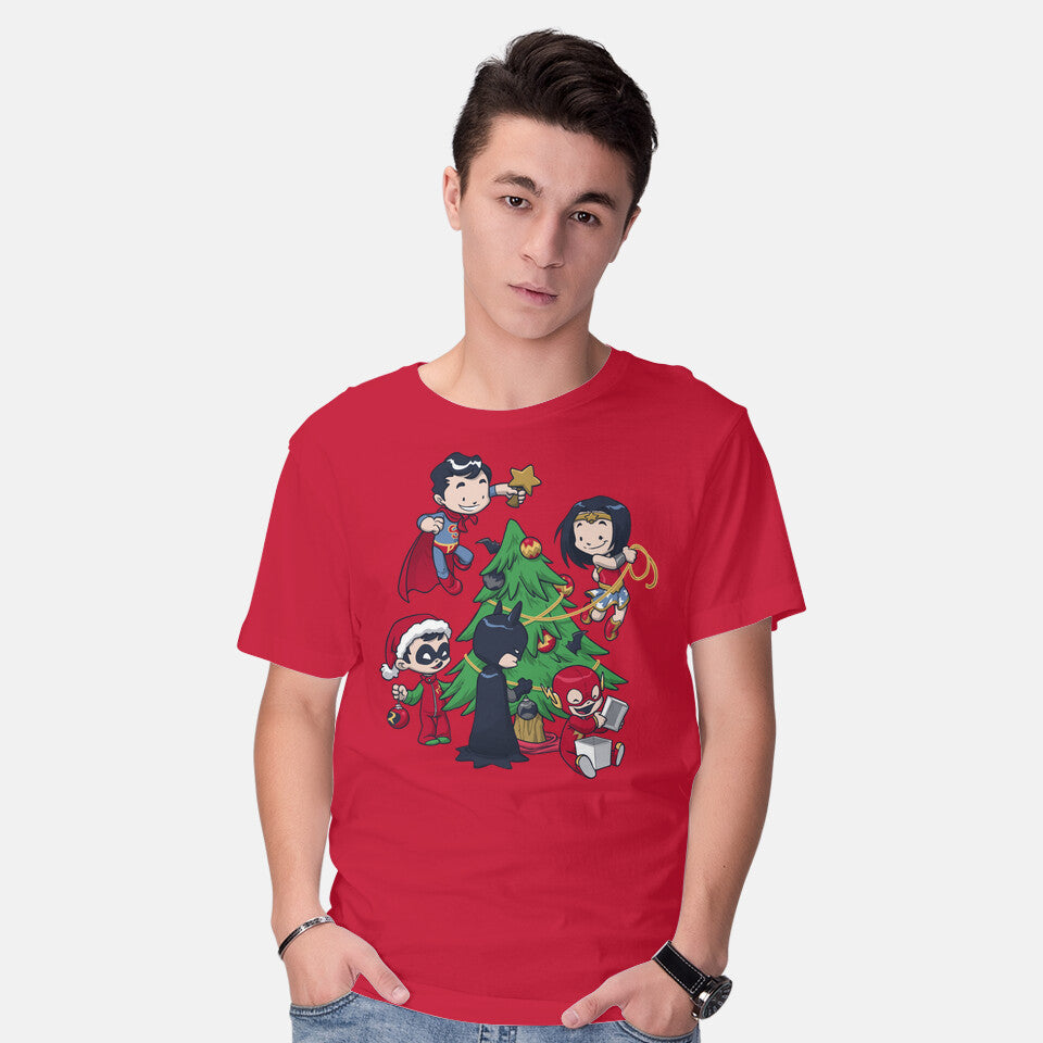 Model wearing red Justice Tree – Movie Graphic T-Shirt
