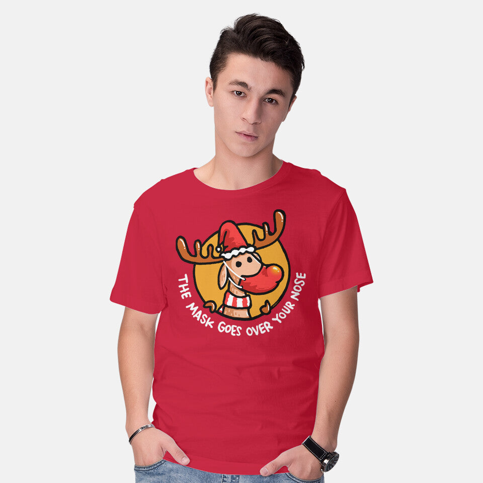 Model wearing red The Mask Goes Over Your Nose – Animal Graphic T-Shirt
