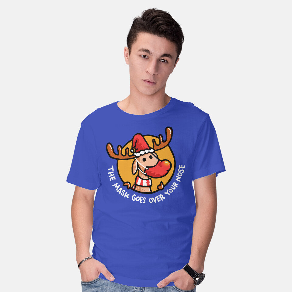 Model wearing royal blue The Mask Goes Over Your Nose – Animal Graphic T-Shirt