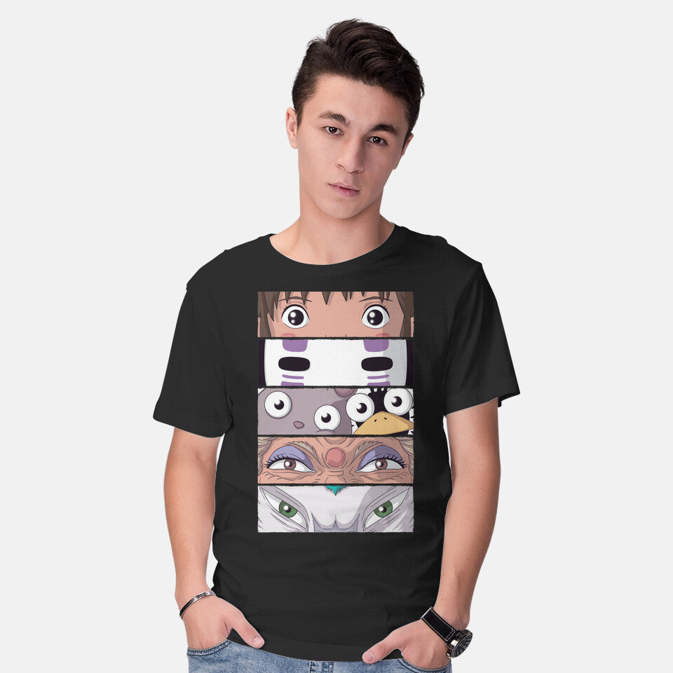 Model wearing black Spirited Eyes – Fantasy Graphic T-Shirt