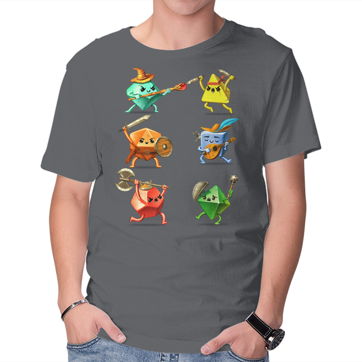 RPG Dice Party – Gaming Graphic T-Shirt in charcoal, product display