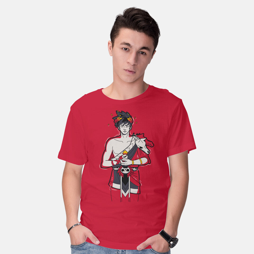 Model wearing red Pool Of Styx – Gaming Graphic T-Shirt
