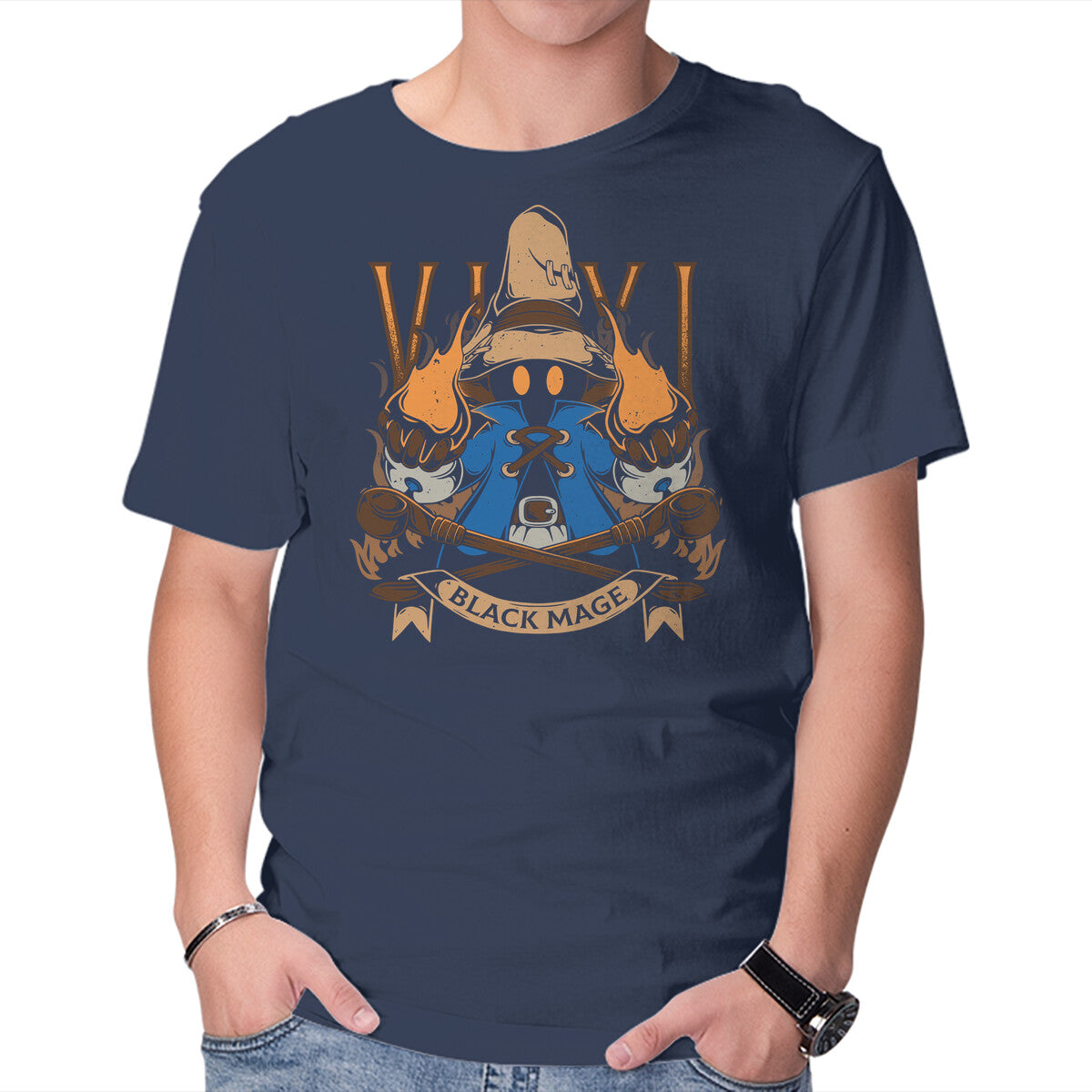 Black Mage – Gaming Graphic T-Shirt in navy, product display