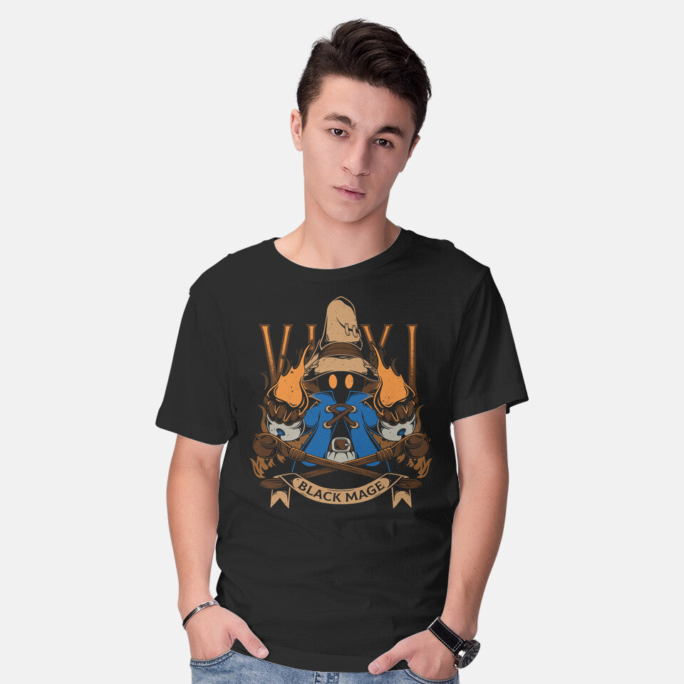 Model wearing black Black Mage – Gaming Graphic T-Shirt