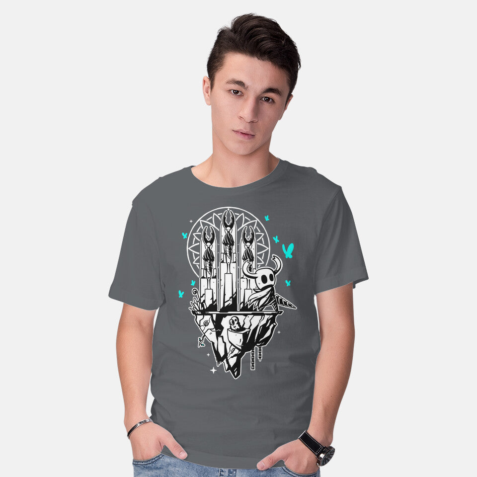 Model wearing charcoal Bug Knights – Gaming Graphic T-Shirt