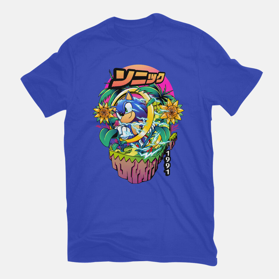 Sonic Speed – Gaming Graphic T-Shirt in royal blue, flat-lay product view