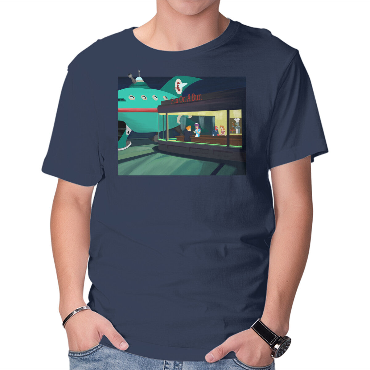 Fun On A Bun – Sci-Fi Graphic T-Shirt in navy, product display