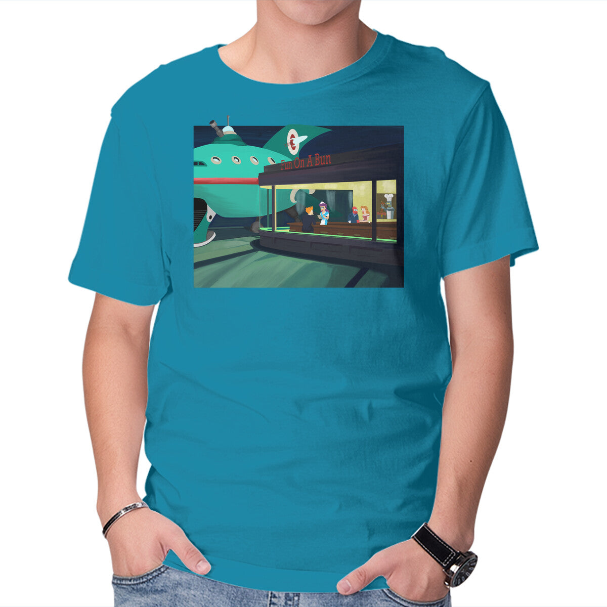Fun On A Bun – Sci-Fi Graphic T-Shirt in turquoise, product display