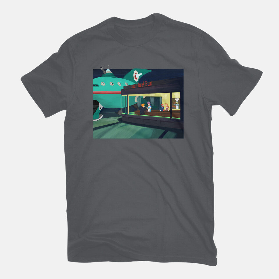 Fun On A Bun – Sci-Fi Graphic T-Shirt in charcoal, flat-lay product view